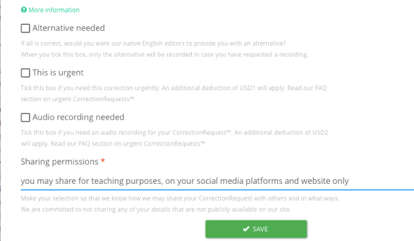 a screen shot of the EngCorrect.Net's user interface showing you a tickbox in order to show you how you can request for an alternative correction if your correction request was correct. 
