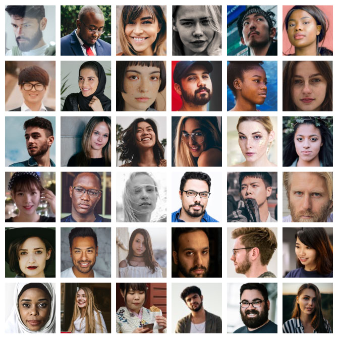 faces of non-native English speakers from all over the world in 36 squares